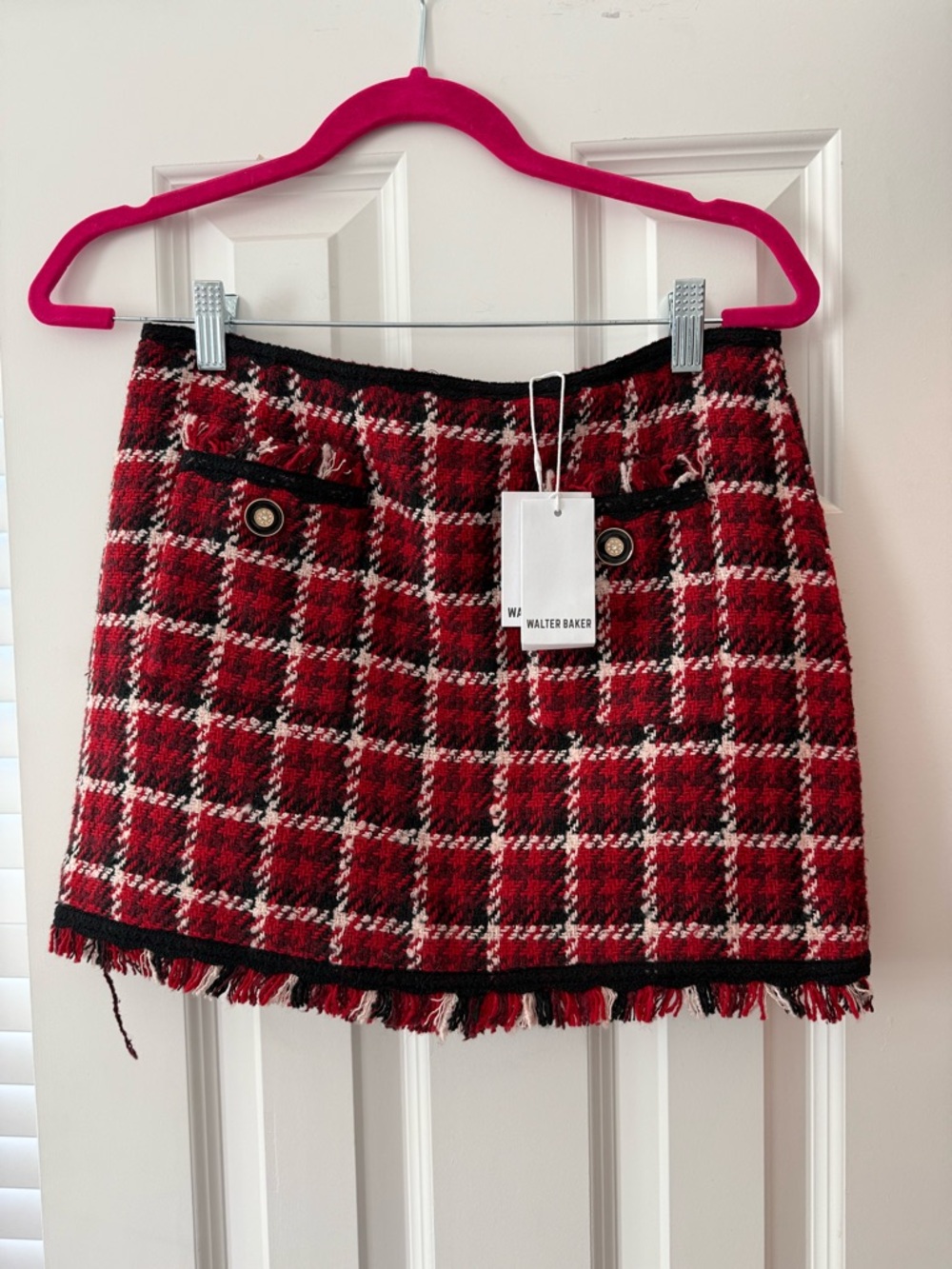 Walter Baker Red Black White Plaid Tweed Mini Skirt